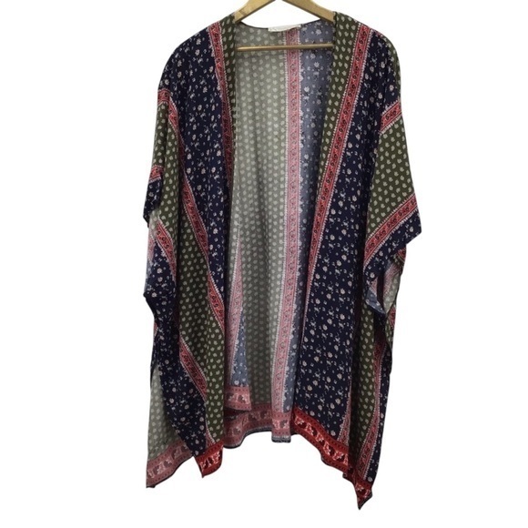 Suzanne Betro Sweaters - Suzanne Betro Navy and Red Patterned Poncho